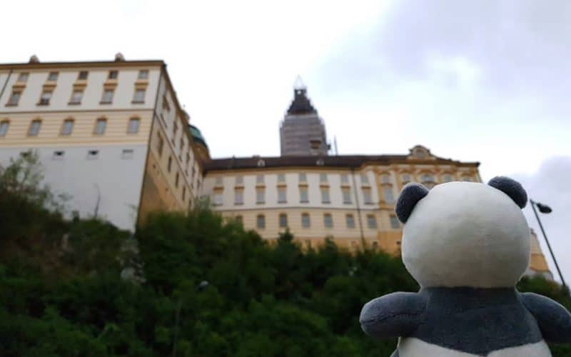 Mister Wong looking up to the back site of Melk Abbey.