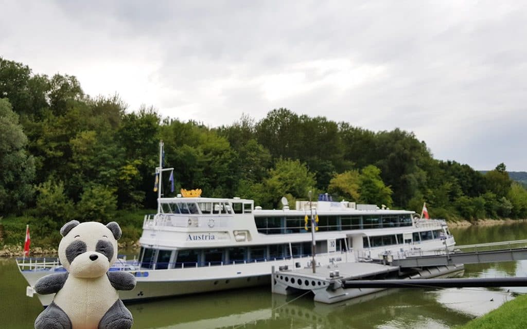 Plush panda Mister Wong in front of a Danube River public-transit ship. 