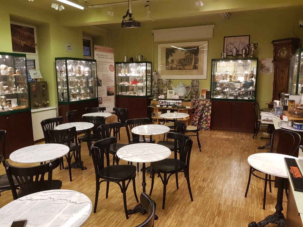 Traditional coffee house furniture at the Viennese Coffee Museum in Vienna, Austria.