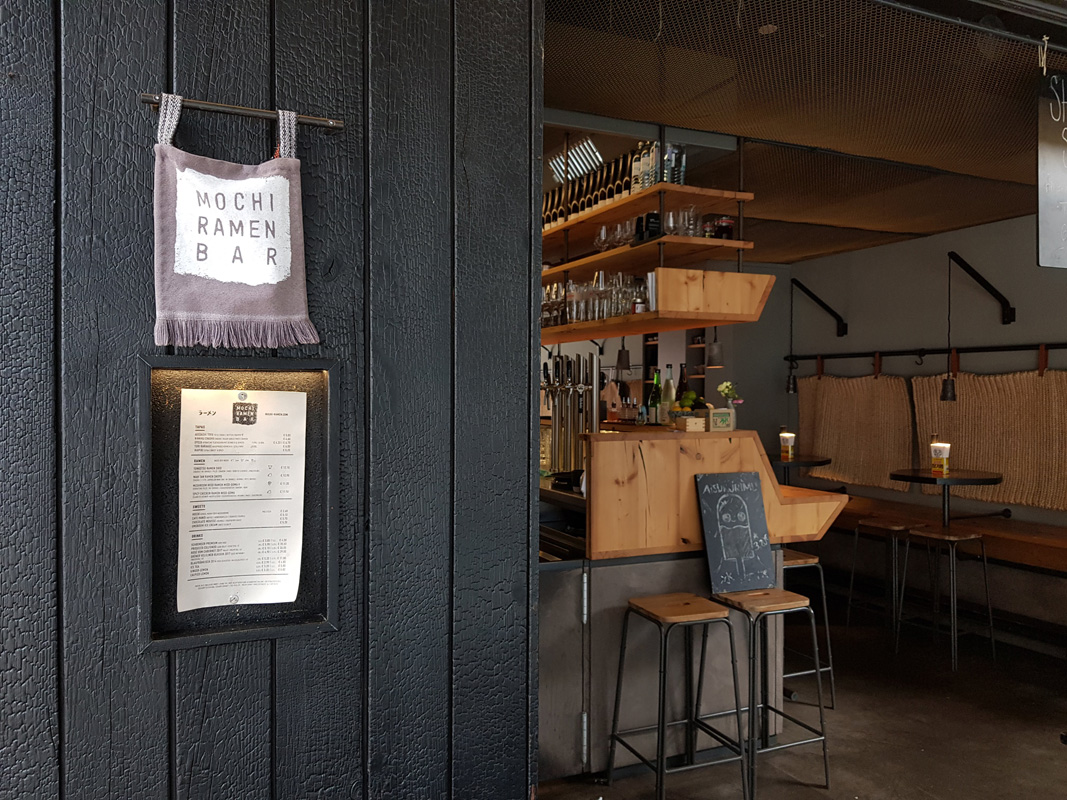 Front View of Mochi Ramen Bar at Vorgartenmarkt in Vienna's 2nd district, Austria.