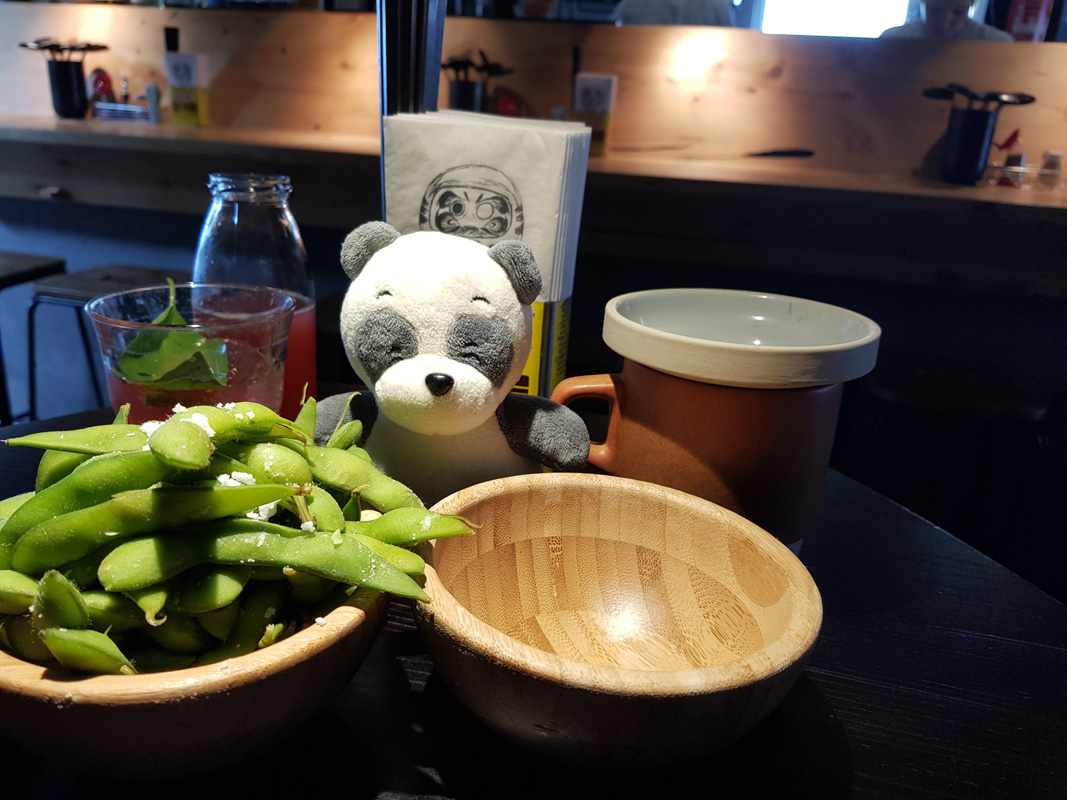 Edamame starters at Mochi Ramen Bar at Vorgartenmarkt in Vienna's 2nd district, Austria,